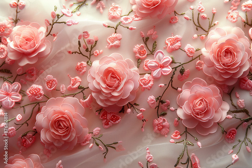 Wallpaper Mural Delicate Pink Floral Embroidery on Sheer Fabric. Detailed view of delicate pink floral embroidery on sheer fabric with three-dimensional flower accents Torontodigital.ca