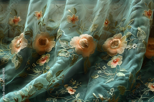 Wallpaper Mural Elegant White Floral Embroidery on Sheer Green Fabric. Detailed view of elegant white floral embroidery on sheer green fabric with delicate leaves Torontodigital.ca