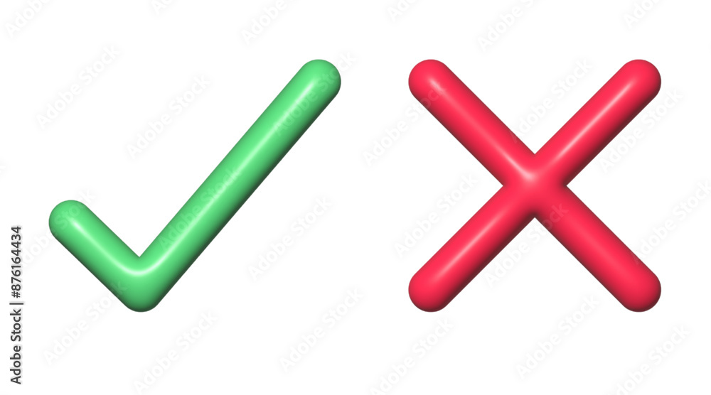 Yes or No 3d symbol.Green check mark and Red Cross.Graphic vector symbol. Yes or No 3d symbol.Green check mark and Red Cross.Graphic vector symbol.