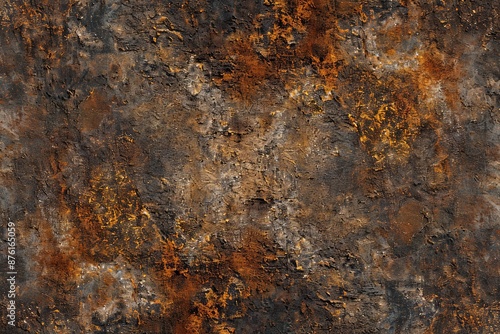 This image presents a rugged rusty surface featuring various textures and colors, creating a visually rich and captivating abstract artwork highlighting decay.