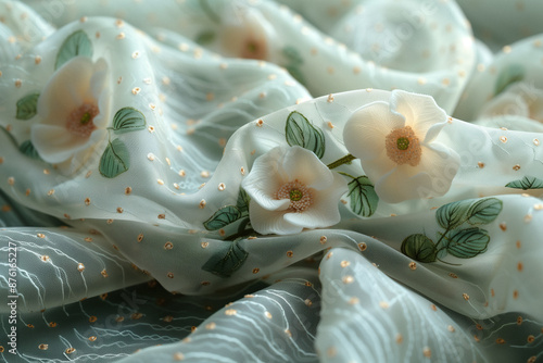 Wallpaper Mural Elegant White Floral Embroidery on Sheer Green Fabric. Detailed view of elegant white floral embroidery on sheer green fabric with delicate leaves Torontodigital.ca