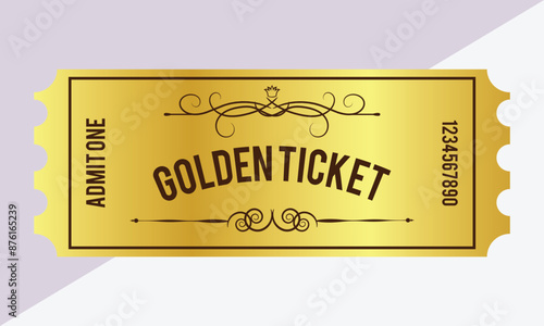Gold ticket, golden token (tear-off ticket, coupon) isolated on white background. Useful for any festival, party, cinema, event, entertainment show in eps 10.