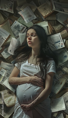 Pregnant Woman Surrounded by Smoking Dangers Awareness Pamphlets, Emotive and Thoughtful