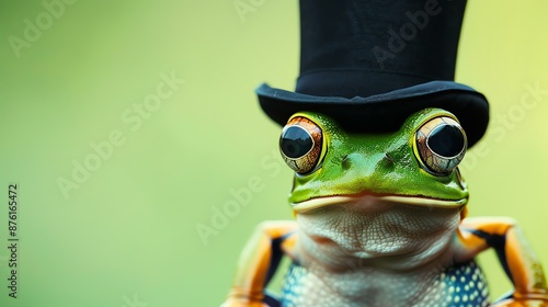 A frog wearing a top hat looks directly at the camera. © Vector
