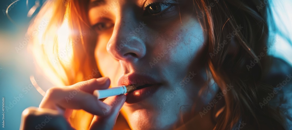 Obraz premium Close-Up of a Woman Using Nicotine Gum for Smoking Cessation with Determined Expression