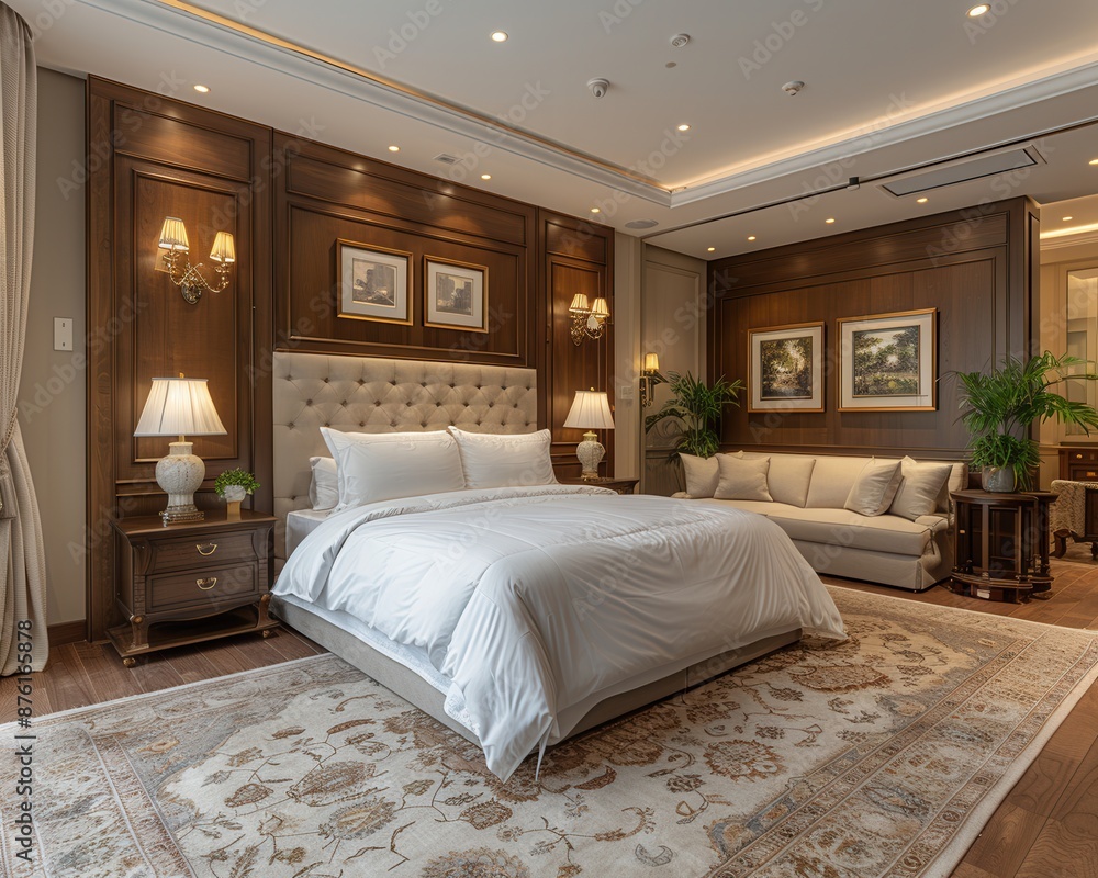 Fototapeta premium Luxurious Master Suite with King-Sized Bed and Elegant Furnishings exuding Comfort and Style