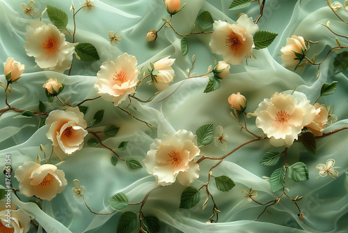 Wallpaper Mural Elegant White Floral Embroidery on Sheer Green Fabric. Detailed view of elegant white floral embroidery on sheer green fabric with delicate leaves Torontodigital.ca