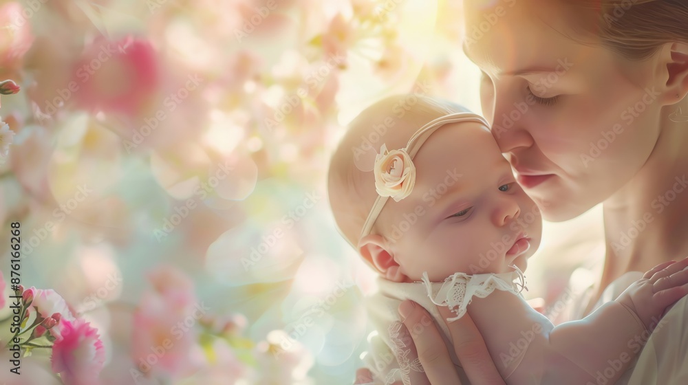 Create a realistic close-up image of a mother holding her baby, celebrating Mother's Day, with a soft, pastel background and generous space for text Create a realistic close-up image of a mother holding her baby, celebrating Mother's Day, with a soft, pastel background and generous space for text