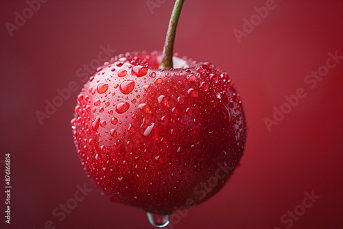Wallpaper Mural Close-Up of a Fresh Cherry with Water Droplets. A close-up of a fresh cherry covered in water droplets against a red background. Torontodigital.ca
