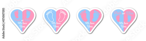 Pink or blue. We love you. Celebration stickers for gender reveal party. Boy or girl. He or she. Know gender of unborn child. Baby Shower party decor.