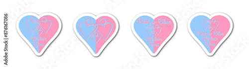 Pink or blue. We love you. Celebration stickers for gender reveal party. Boy or girl. He or she. Know gender of unborn child. Baby Shower party decor.