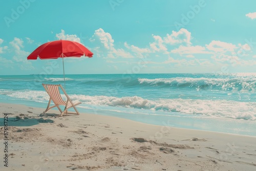 A red beach umbrella stands next to a wooden beach chair on a sandy beach with gentle turquoise ocean waves and a clear blue sky in the background, evoking serenity.