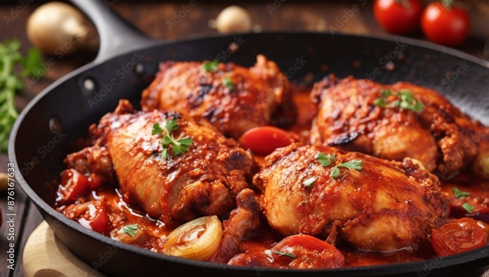 Hot barbecue chicken with spicy onion tomato sauce close-up in a frying pan on the table. horizontal Hot barbecue chicken with spicy onion tomato sauce close-up in a frying pan on the table. horizontal