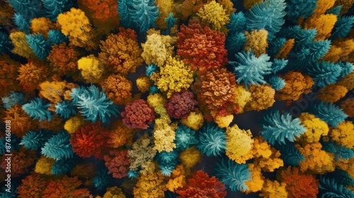 Aerial view of a dense forest in autumn, vibrant fall colors, realistic, 8K, UHD