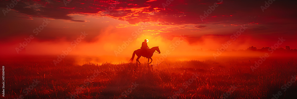 Fototapeta premium Vibrant Sunset Horseback Ride on Endless Golden Plains