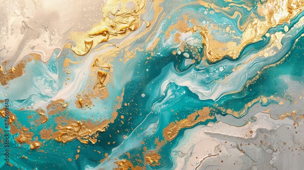 Fototapeta premium Abstract Teal and Gold Swirl Painting