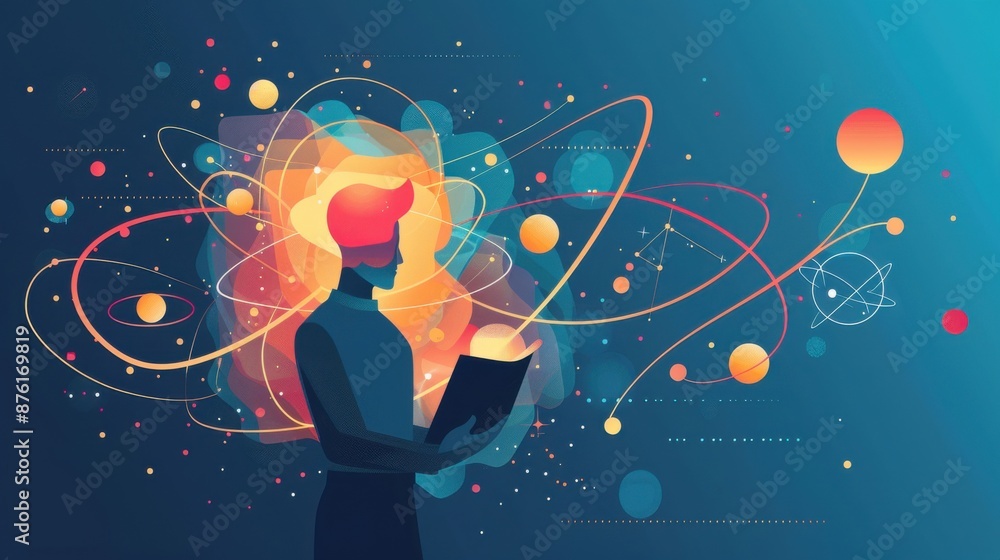 AI and particle physics, discovering new particles, flat design illustration AI and particle physics, discovering new particles, flat design illustration