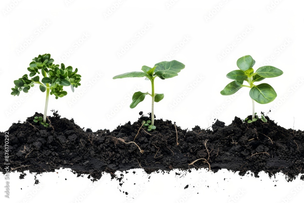 Young sprouts isolated, new plant side view, young green seedling in black earth pile closeup isolated Young sprouts isolated, new plant side view, young green seedling in black earth pile closeup isolated