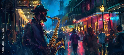 Vibrant Jazz Performance on New Orleans Street at Night with Dancing Crowd and Colorful Lights photo