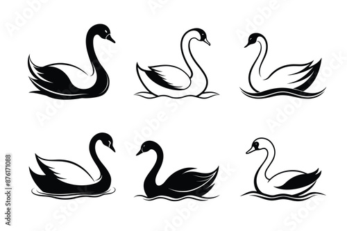 Elegant Swan Silhouette Bundle: 6 Versatile Vector Designs for Graceful Projects: Enhance your designs with this collection of 6 swan silhouettes. Perfect for logos, invitations, wall art, branding.
