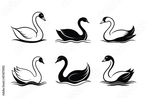 Elegant Swan Silhouette Bundle: 6 Versatile Vector Designs for Graceful Projects: Enhance your designs with this collection of 6 swan silhouettes. Perfect for logos, invitations, wall art, branding.