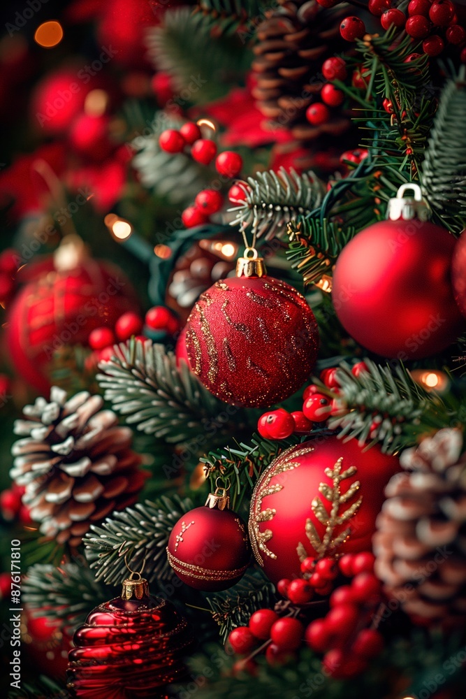 Christmas tree balls with pine needles and cones. Side view. Copy space Christmas tree balls with pine needles and cones. Side view. Copy space