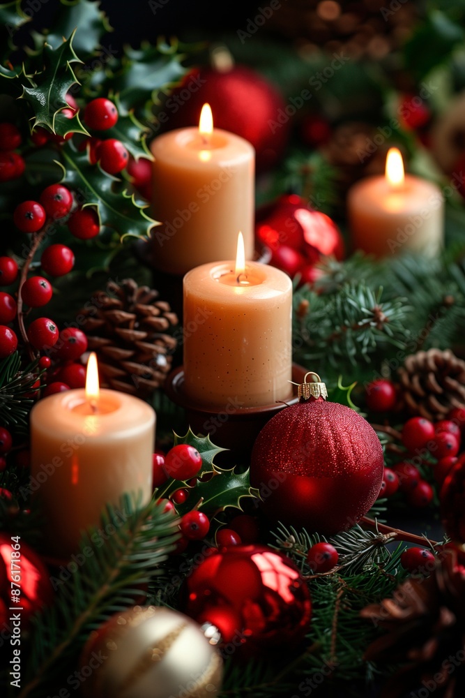 Christmas ornaments. Side view. Pine needles, pine cones and red berries. Shallow focus. Copy space Christmas ornaments. Side view. Pine needles, pine cones and red berries. Shallow focus. Copy space