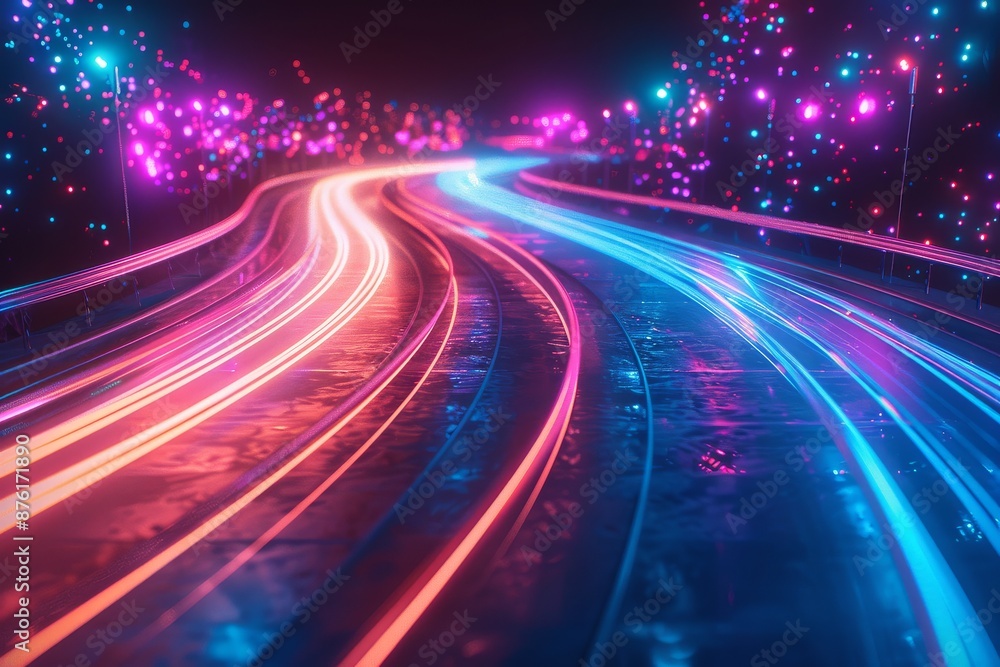 3D render of neon speed light trails on an abstract highway, vibrant colors against a dark background, 3D render of neon speed light trails on an abstract highway, vibrant colors against a dark background,