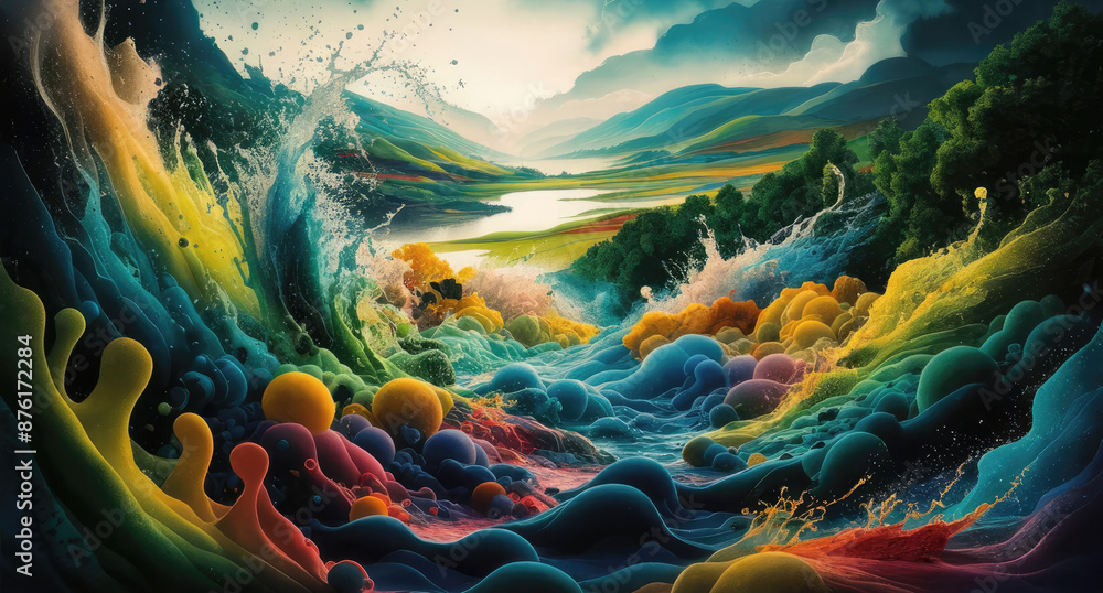 Obraz premium A captivating 4D watercolor landscape painting that transports the viewer into a magical world. The foreground is a lush, vibrant garden filled with a variety of flowers . Generative AI