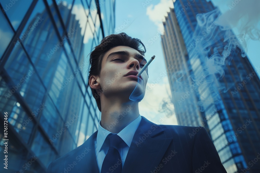 Fototapeta premium Sophisticated Urban Gentleman in Tailored Suit Smoking Cigarette Amidst Modern Skyscrapers