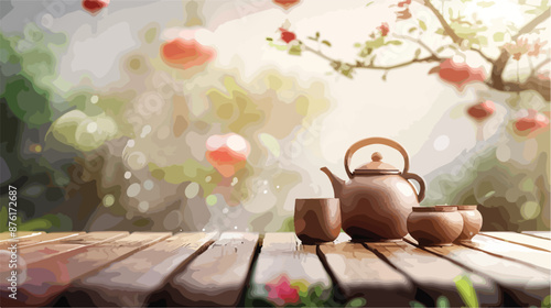 A teapot and cups are on a wooden table with Chinese