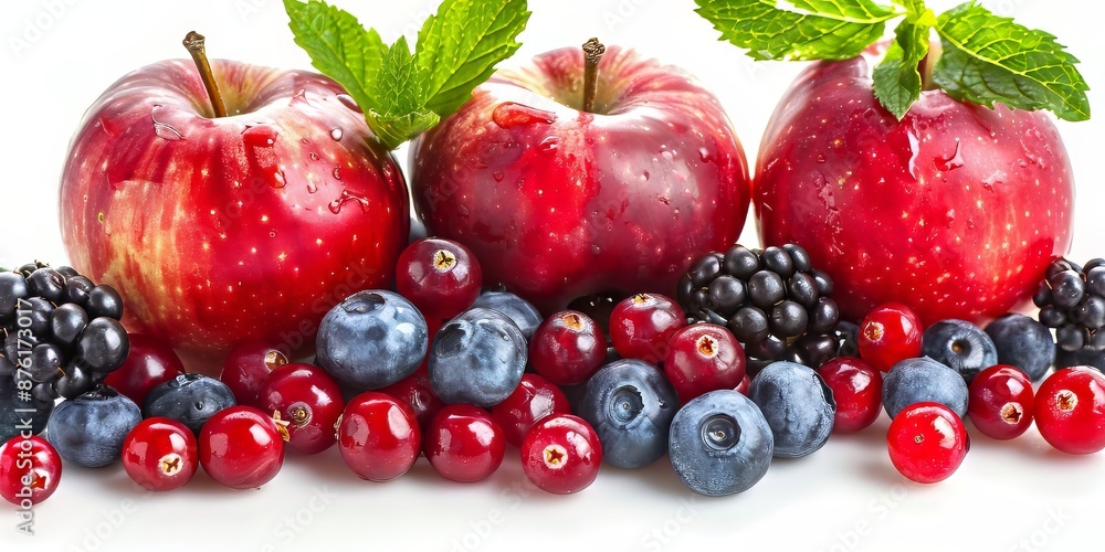 Dewy red apples and berries make a healthy and visually appealing composition Dewy red apples and berries make a healthy and visually appealing composition