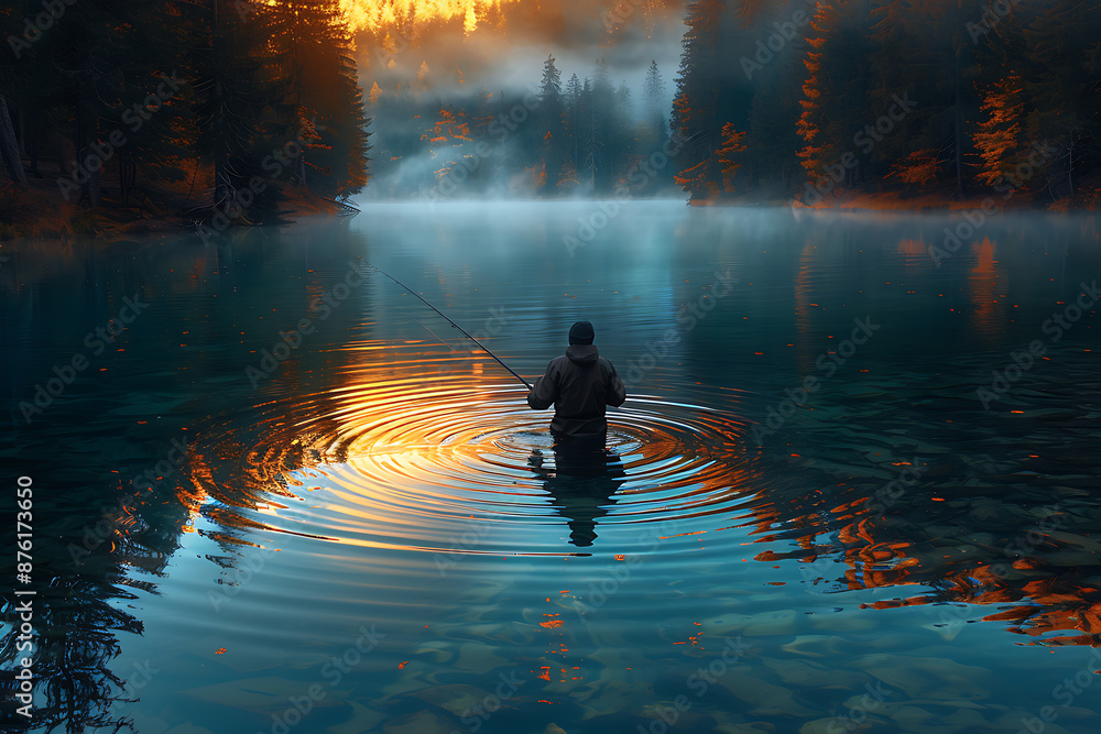 Serenene Sunset Fishing Moment on Cerulean Lake Serenene Sunset Fishing Moment on Cerulean Lake