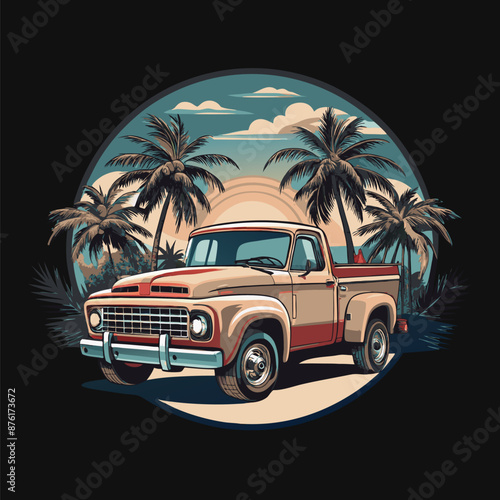 Palm trees and  car and summer filling, isolated vector t- t-shirt design 