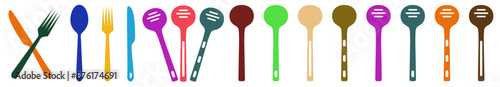 Fork knife spoon and plate. Colored Plastic Curve Spoons. Ice Cream color full Spoons. Tableware set flat style. Dinnerservice collection. Plate, fork and knife. Dinner service.