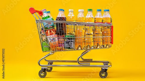 Shopping cart filled with various beverages on yellow background photo