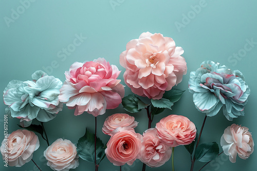 Wallpaper Mural Pink and Blue Ranunculus Bouquet. Close-up of a bouquet of delicate peach and pink ranunculus flowers with a soft green background. Torontodigital.ca
