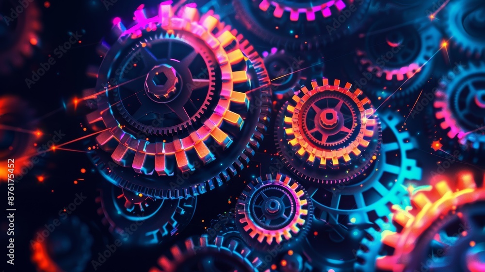 Vibrant Neon Gears Abstract Illustration - Intricate Design for Tech Posters and Prints Vibrant Neon Gears Abstract Illustration - Intricate Design for Tech Posters and Prints