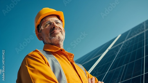 Warehouse workers in reflective vests carring a solar panel