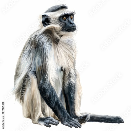 Gray langur monkey with a black face and white chest sitting on a white background photo