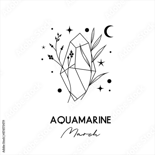 March birth month Aquamarine gemstone, vector hand drawn isolated line art illustration, celestial elements and plants for greeting cards and invitations