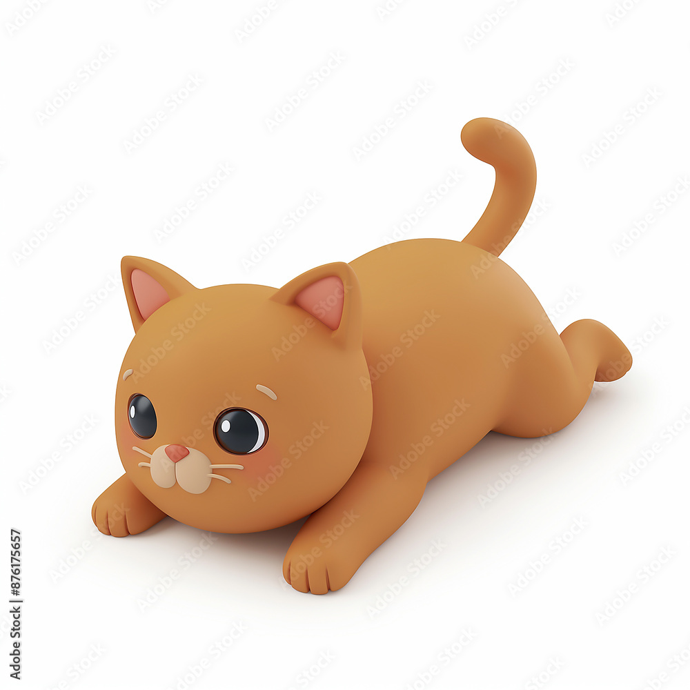 playing cat, brown color, white background, 3D Rendering, isometric playing cat, brown color, white background, 3D Rendering, isometric