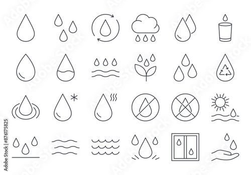 Vector icons water drop. Editable stroke line set. River sea waves sun rain, clear water in glass. Recycling symbol, cold and hot temperature. Stock illustration on a white background.