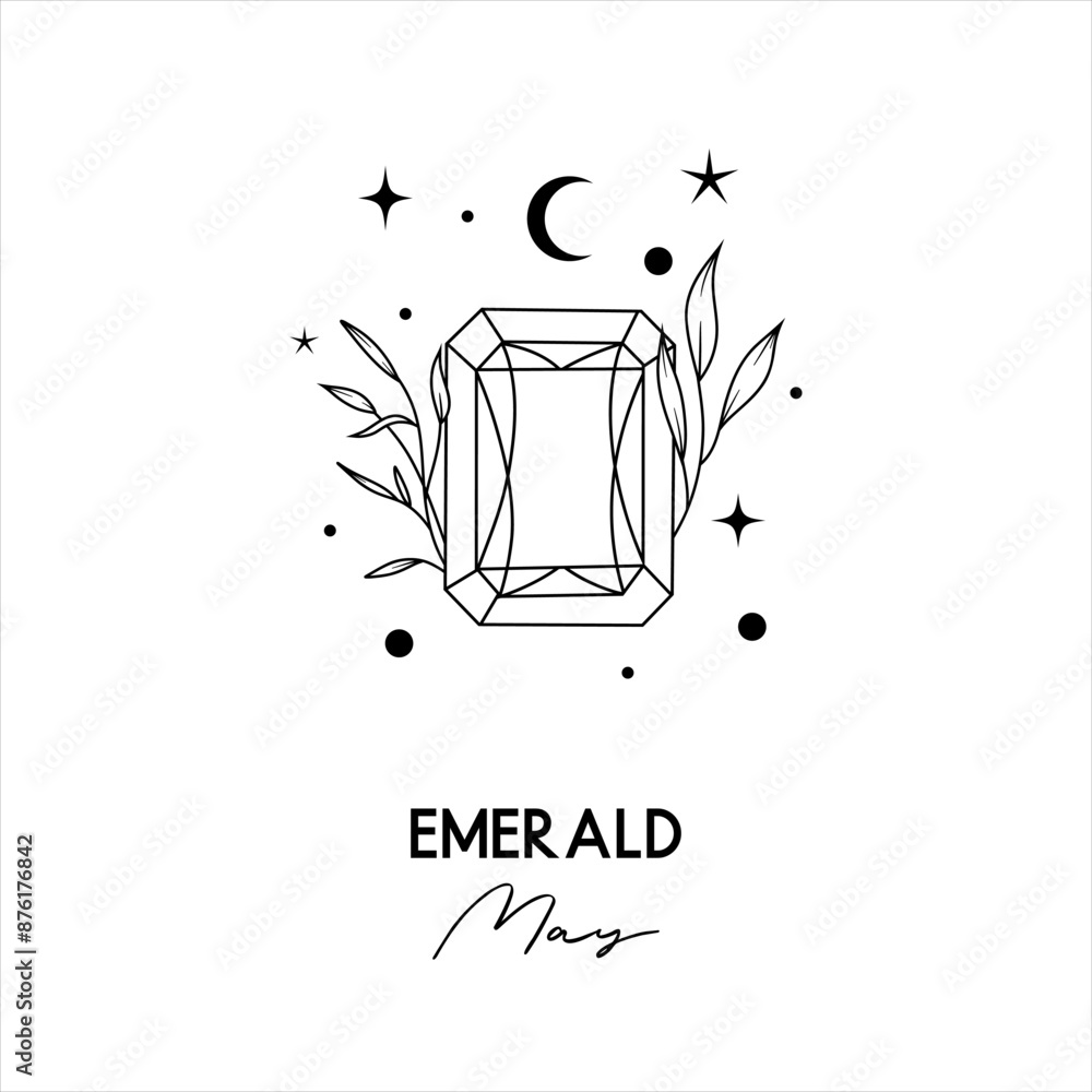 May birth month Emerald gemstone, vector hand drawn isolated line art illustration, celestial elements and plants for greeting cards and invitations May birth month Emerald gemstone, vector hand drawn isolated line art illustration, celestial elements and plants for greeting cards and invitations