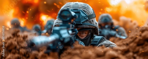 Soldiers in Combat A Close-Up View of Courage and Determination in the Face of Danger The intensity of the battle is palpable as the soldiers fight for ultimate victory, their weapons ablaze with photo