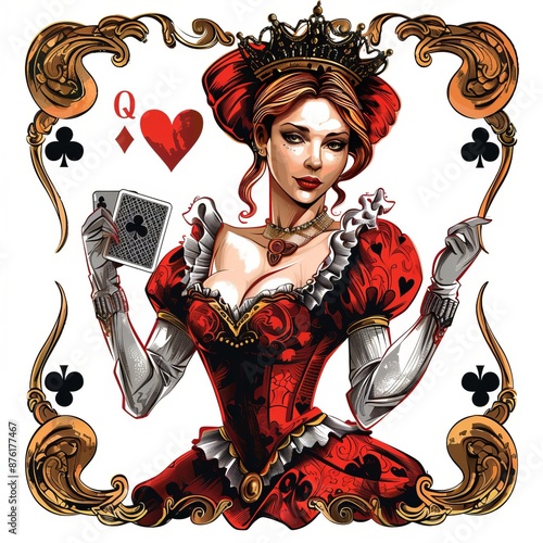 Ornate illustration of a confident queen wearing a crown and holding a playing card photo