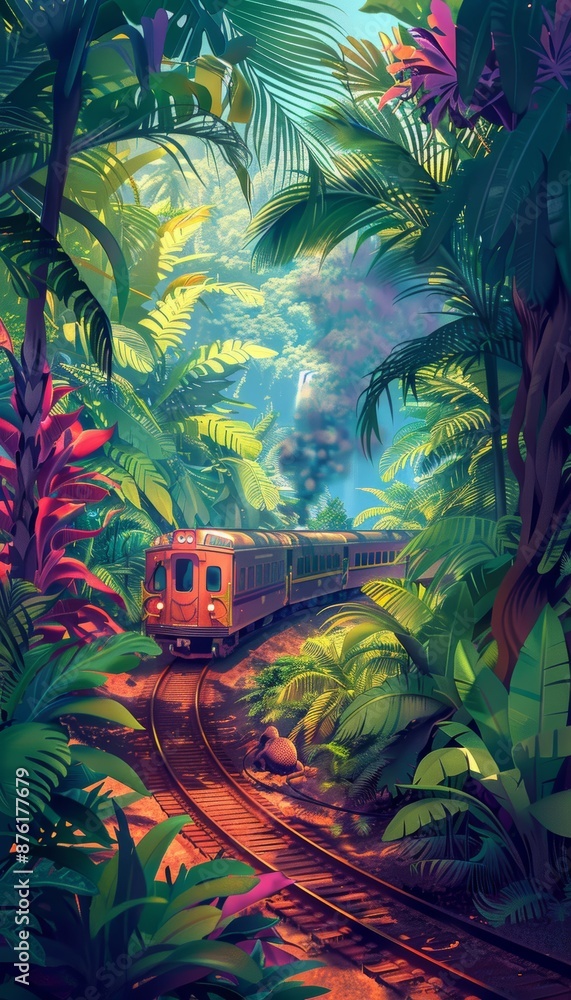 Obraz premium Adventurous Jungle Train Ride Amidst Lush Vegetation and Exotic Wildlife - Perfect for Travel Posters