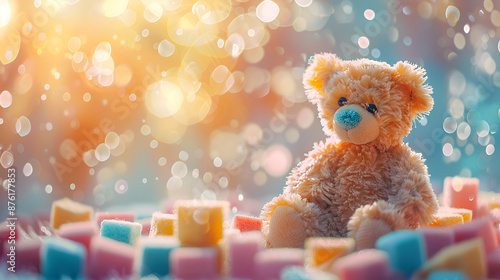 A teddy bear sitting on colorful cubes, surrounded by toys and books.