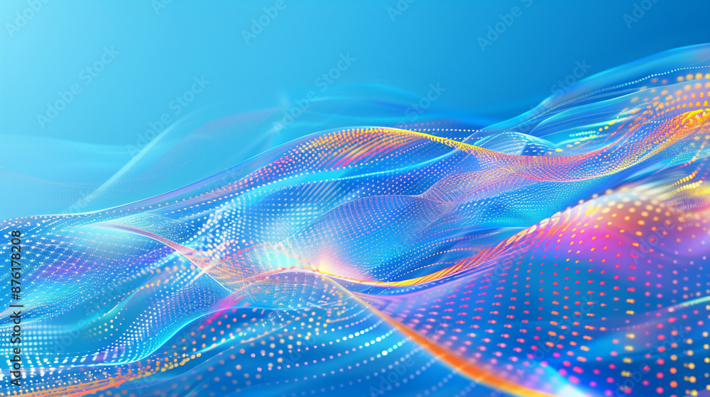 Blue background along with interweaving of colored dots and lines, Wave of dots and weave lines. Abstract background. Network connection structure Blue background along with interweaving of colored dots and lines, Wave of dots and weave lines. Abstract background. Network connection structure