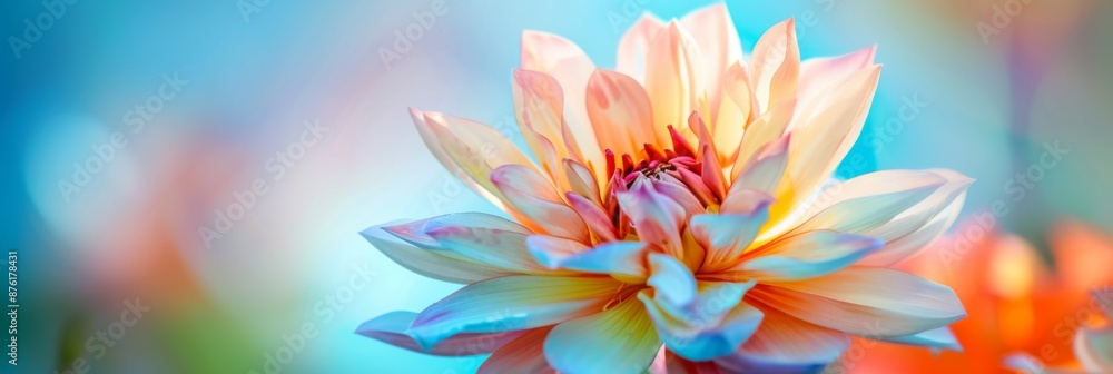 Obraz premium An abstract symphony of colors, flowers blooming like delicate fireworks against a blue sky, radiant in a emerald green tapestry